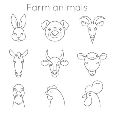çiftlik hayvanları toplama basit siyah çizgiler içindeki simgeler.