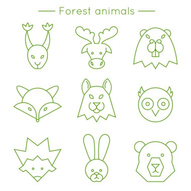 Vahşi hayvan simgeler, ince çizgi stili, düz tasarım.