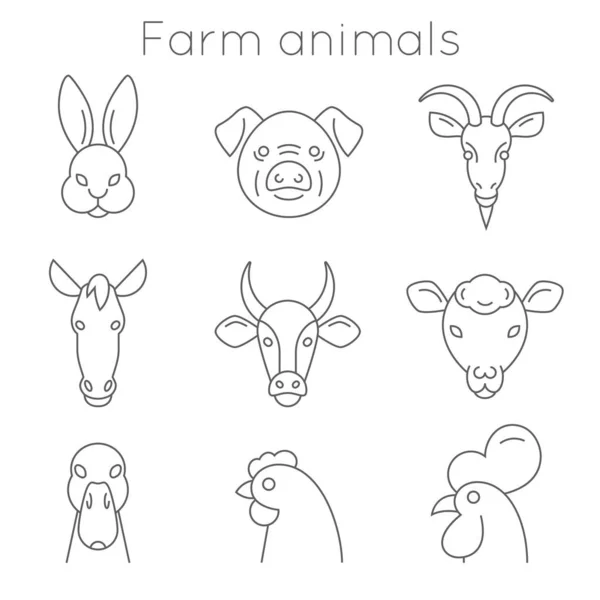 Farm Animals Collection Symbols Simple Black Lines — Stock Vector