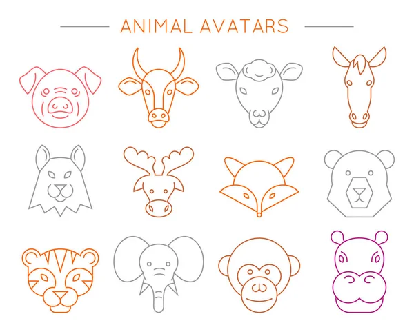 Zvířata Lineární Ikony Umění Roztomilé Kreslené Avatary Vektorová Ilustrace — Stockový vektor