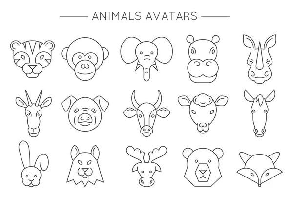 Набір Обличчя Тварин Векторні Ілюстрації Тварини Лінійні Ікони Мистецтва Милі — стоковий вектор