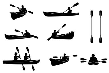 Kano siluetleri vektörü. Kano izleri ve rafting kulübü amblemi. Kano ekipmanları da var..