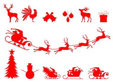 Ren geyiği ve Noel Baba. Bir noel silueti koleksiyonu. Tasarımın için en iyi element. Beyaz arkaplanda izole edilmiş vektör.