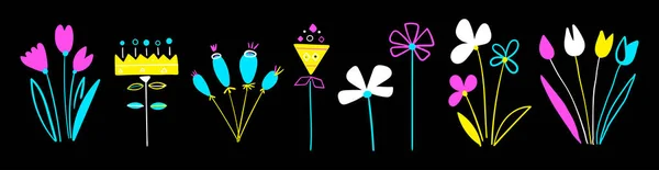 Σύνολο πολύχρωμα λουλούδια σε ένα επίπεδο στυλ που απομονώνονται σε ένα σκοτεινό φόντο. Ανοιξιάτικα. Τροπικά λουλούδια, φύλλα φοίνικα, φύλλα ζούγκλας, φυτά, ιβίσκος, πουλί του παραδείσου λουλούδι. Θερινά φυτά. — Διανυσματικό Αρχείο