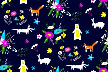 Hayvanlar, çiçekler ve bitkilerle kusursuz bir şablon. Farklı şekillerde yaratıcı karalama sanatı. Yaratıcı çocuklar el yapımı kumaş, ambalaj, tekstil, duvar kağıdı, giysi.