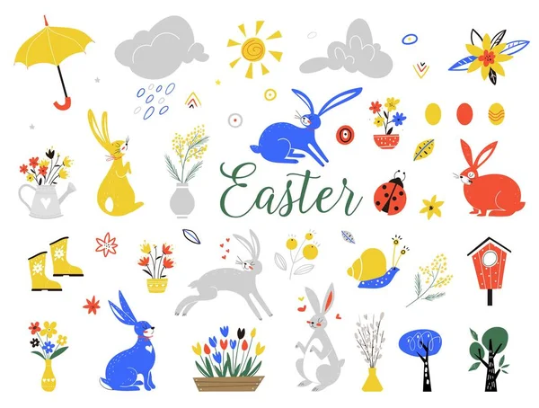 Набір тварин. Весняний набір, намальовані руки, квіти, вінки. Пасхальний кролик, яйця, весняний будинок та інші векторні елементи. Ідеально підходить для Інтернету, карти, плаката, обкладинки, мітки, запрошення, наклейки . — стоковий вектор