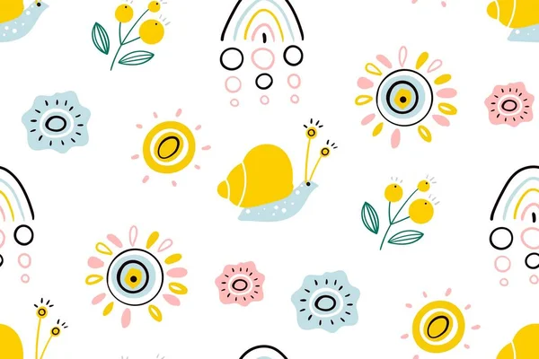 Vårens illustration med regnbåge, sol, blommor och snigel. Sömlöst mönster för tryckning broschyr, affisch, fest, sommartryck, textildesign, kort. Skandinavisk stil. — Stock vektor