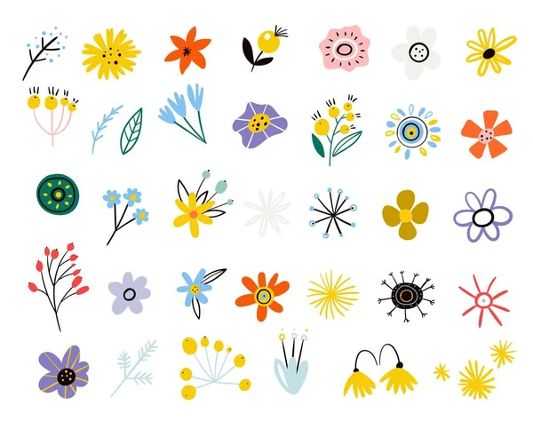 화려 한 꽃 수집 품들. 반시뱀은 여름의 꽃들을 평평 한 형태로 그렸다. 봄의 부활절 장식은 나뭇가지와 들꽃의 잎에서 나온다. 스칸디나비아식이다. 현대 디자인. 식물학적 꽃들 — 스톡 벡터