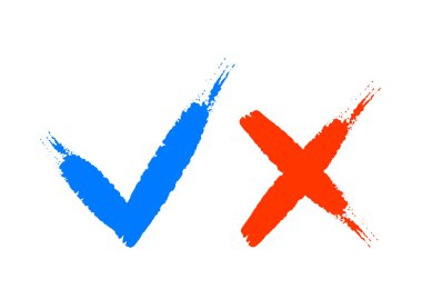Mavi işaretli el yazısı ve beyaz arka planda izole edilmiş Kızıl haç. Doğru ve yanlış ikonu. İşaretle, X, Evet, Hayır, simge, grafik, sembol, Vektör.