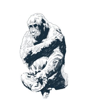 Siyah ve beyaz oyma izole edilmiş maymun vektör çizimi. Oturan bir maymunun robot resmi. Korkunç kara goril. Afrika hayvanı. Çizim vektörü grafikleri tek renkli çizim