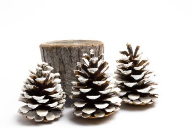 Beyaz arka planda kar olan Noel konileri