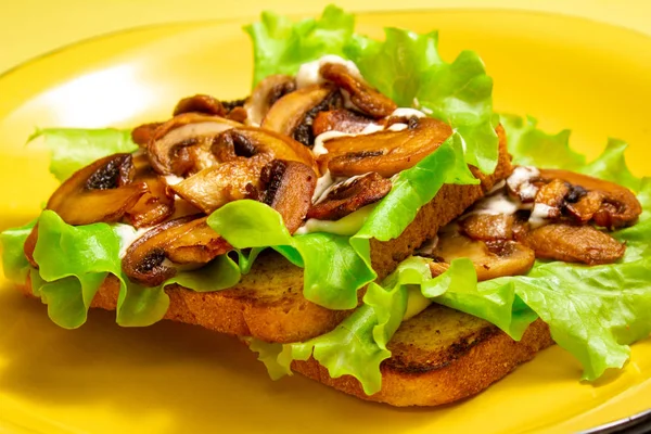 Yeşil yapraklı ekmek tostu, salata, kızarmış mantar ve sarı tabakta beyaz sos.