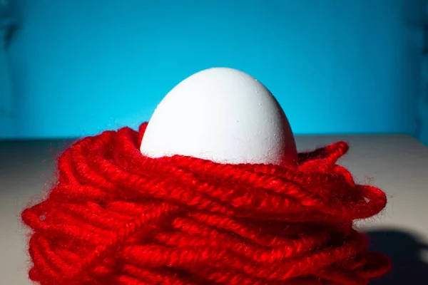 White Chicken Egg Red Threads Blue Background Close Copy Space — 스톡 사진
