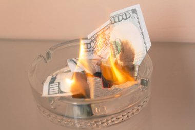 100 dolarlık banknot arka planda bir kül tablasında yanıyor.