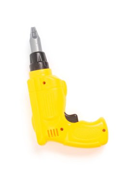 Beyaz arka planda sarı oyuncak tornavida. Üst görünümde izole et.