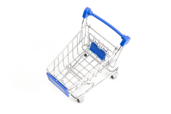 Stahl Einkaufswagen Mit Blauen Akzenten Auf Weißem Hintergrund Isolieren — Stockfoto