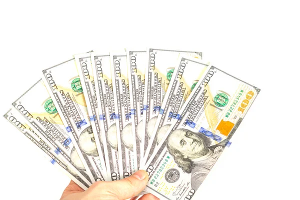 Mano Sostiene Paquete Billetes Cien Dólares Sobre Fondo Blanco Aislar — Foto de Stock