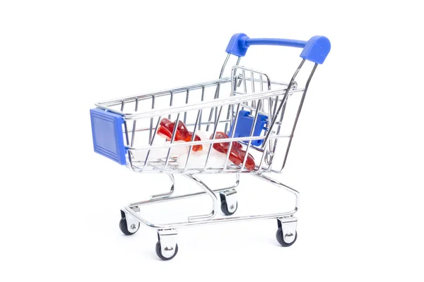 Carrito Compras Con Flores Piedras Preciosas Sobre Fondo Blanco Aislar —  Fotos de Stock