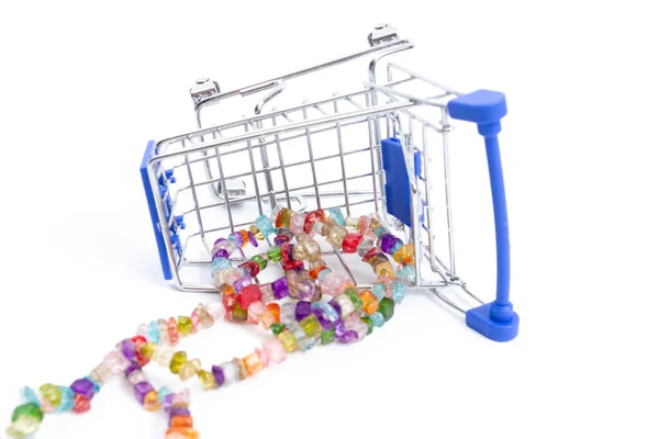 Fallen Shopping Cart Beads Multi Colored Gemstones White Background Isolate — Stock Photo, Image