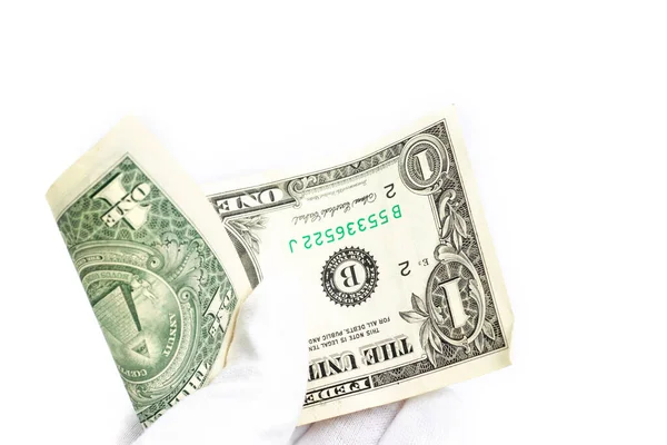 Beyaz Eldivenli Bir Beyaz Arka Planda Bir Dolarlık Banknot Tutar — Stok fotoğraf