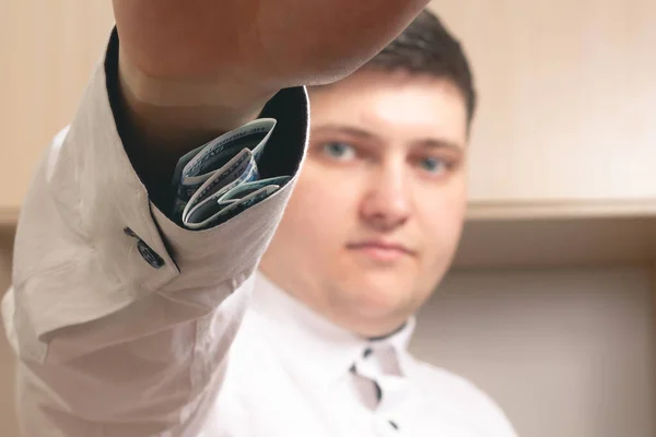 Caucasian Man Shows One Hundred Dollar Bills Hidden Sleeve White — Stock Photo, Image