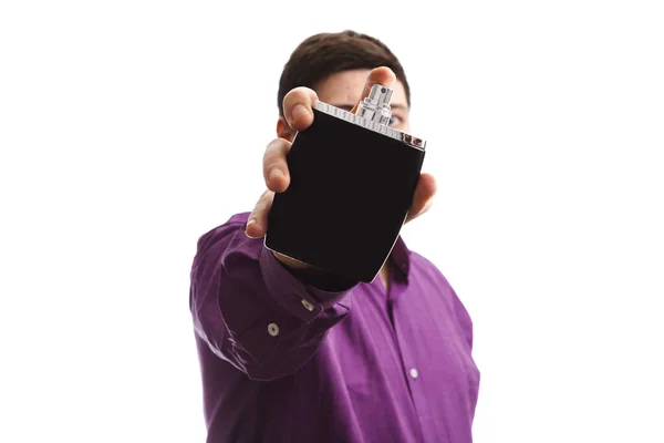 Hombre Completo Púrpura Frasco Perfume Sobre Fondo Blanco Copia Espacio — Foto de Stock
