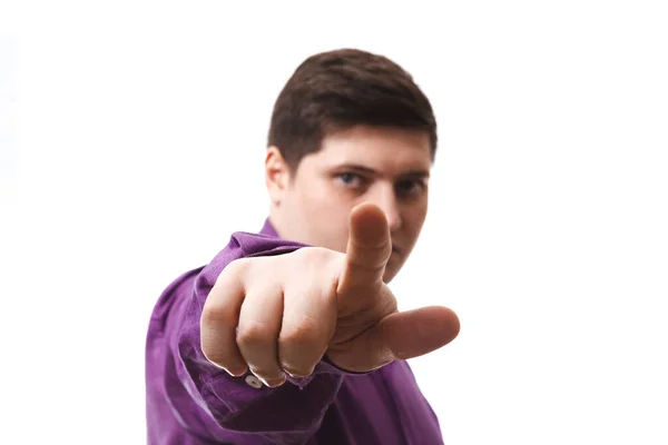 Fat Man Purple Shows Pointing Finger Camera White Background Copy — Stock Photo, Image