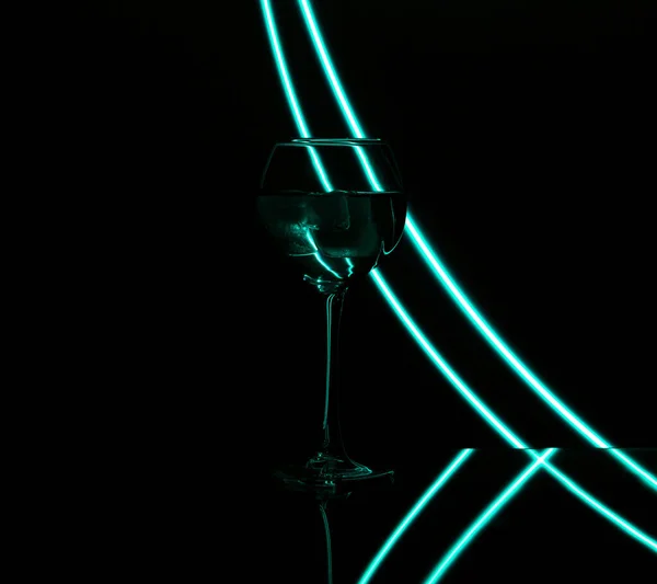 Cocktail Glass Wine Glass Neon Mint Stripes Black Background Close — Stock Photo, Image