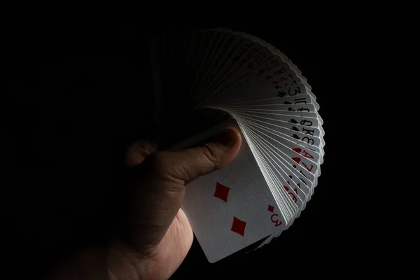 Mano Tenere Ventilatore Mazzo Carte Poker Uno Spazio Copia Sfondo — Foto Stock