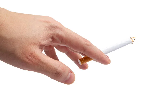 Cigarro Uma Mão Masculina Sobre Fundo Branco Isolar — Fotografia de Stock