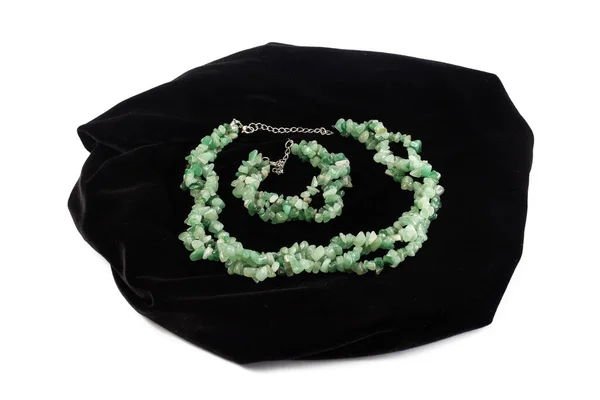Beads Bracelet Natural Jade Black Velvet White Background Isolate — Stock Photo, Image