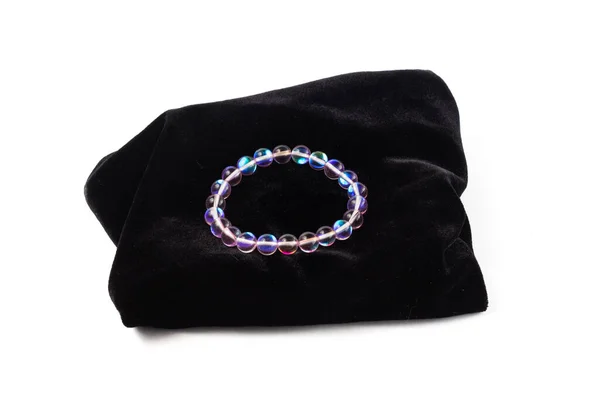 Bracelet Made Natural Opal Glass Black Velvet White Background Isolate — Stock Photo, Image