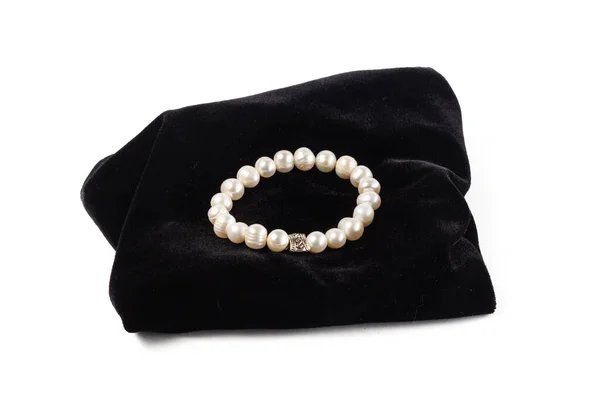 Bracelet Made Natural River Pearls Black Velvet White Background Isolate — Stock Photo, Image