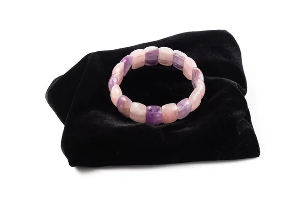 Bracelet Made Natural Amethyst Rose Quartz Black Velvet White Background — Stock Photo, Image