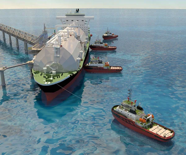 Berthing of the Tanker Ship to the Berth with the help of Tugs boat. 3d rendering