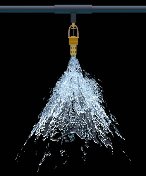 Fire sprinkler system with water. Isolate on black. 3D-rendering.