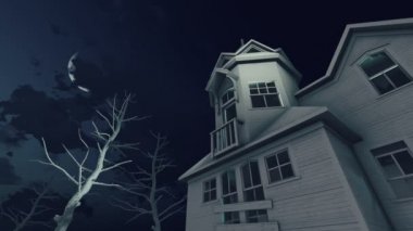Büyük yarım ay 4k ile gece gökyüzünün altında perili ev