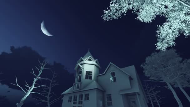 Заброшенный дом с привидениями в страшную ночь 4K — стоковое видео