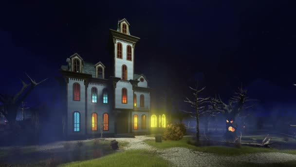 Жуткий особняк с привидениями в тёмной туманной ночи 4К — стоковое видео