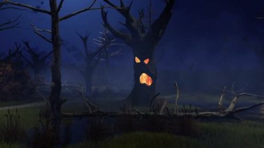 Gece 4k bataklıkta fantastik ürkütücü ağaçta