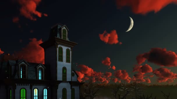 幽灵般的鬼的屋和戏剧性的夜晚天空 4 k — 图库视频影像