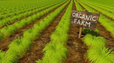 Satır ahşap işareti organik tarım ve yeşil bitkileri