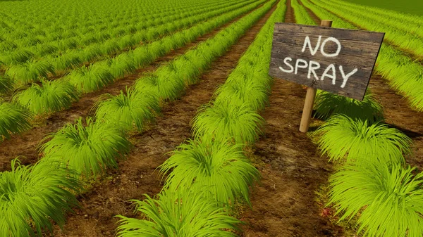 Signo de madera No Spray y filas de cultivos verdes — Foto de Stock