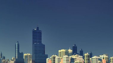 Modern şehir gökdelenler karşı mavi gökyüzü temizleyin