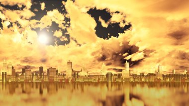 Gün batımında suda Cityscape yansıma