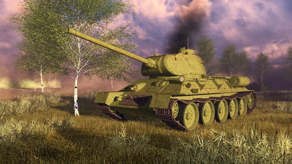 Tanque ruso T-34 en el campo de batalla de la Segunda Guerra Mundial — Foto de Stock
