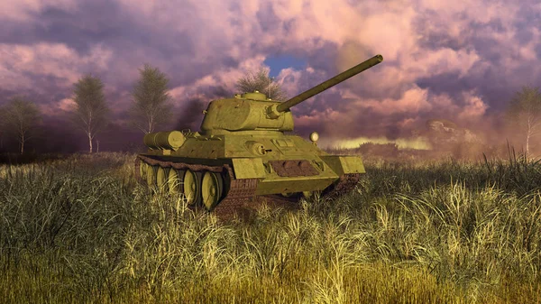 Tanque T 34 no campo de batalha da Segunda Guerra Mundial — Fotografia de Stock