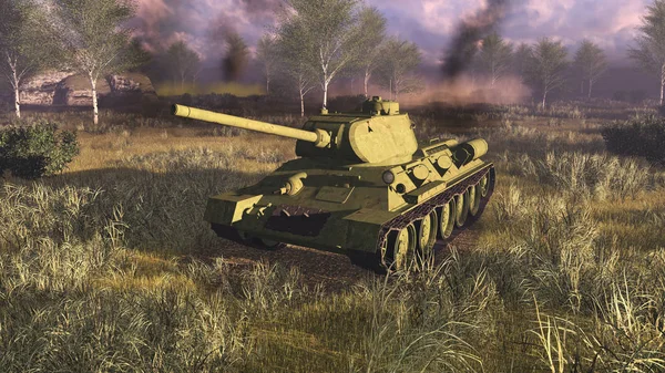 Serbatoio da battaglia principale russo T 34 sul campo di battaglia — Foto Stock