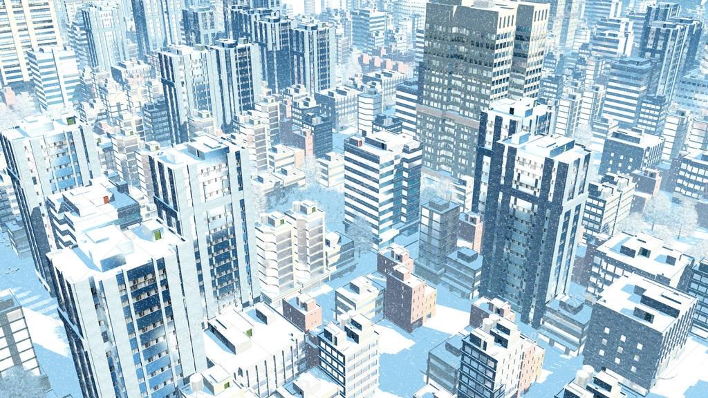 Modern city at snowfall winter day aerial view