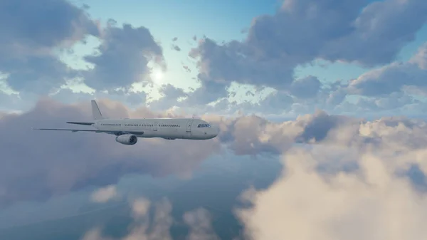 Avião de passageiros no céu ensolarado com nuvens — Fotografia de Stock